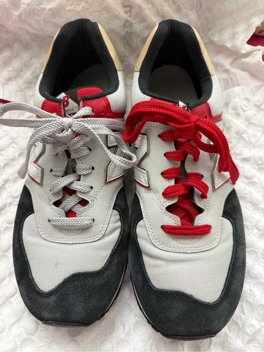 New Balance 574, Size 11, White, Black & Red Mixed-Lace Sneakers
